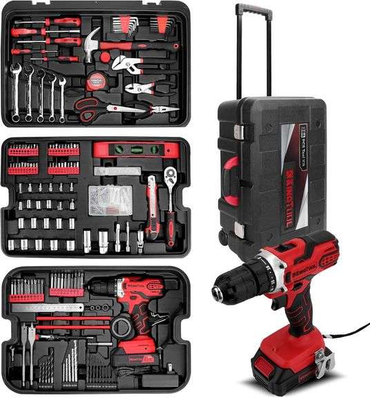 KINGTOOL Home Tool Set Kit - 286 PCS Home Auto Repair Tool Kit with Rolling Tool Box, Mechanic Tool Sets with 21V Max Cordless Power drill, Perfect fo