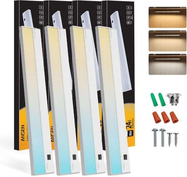 Ansen 4Packs of Under Cabinet Lighting Hardwired, 24IN 18W 1237LM, Dimmable Led Light for Kitchen/Bar/Closet, CRI>92, R9>90, 3 Color Temperature, 3000