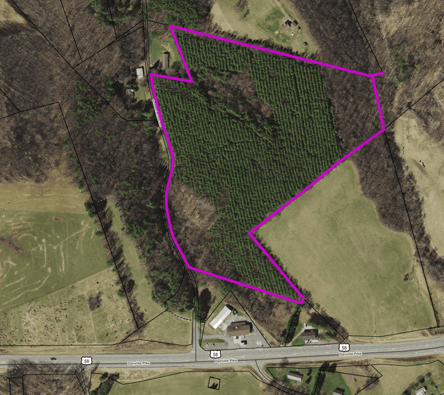 Aerial view of the 32-acre Laurel Fork property