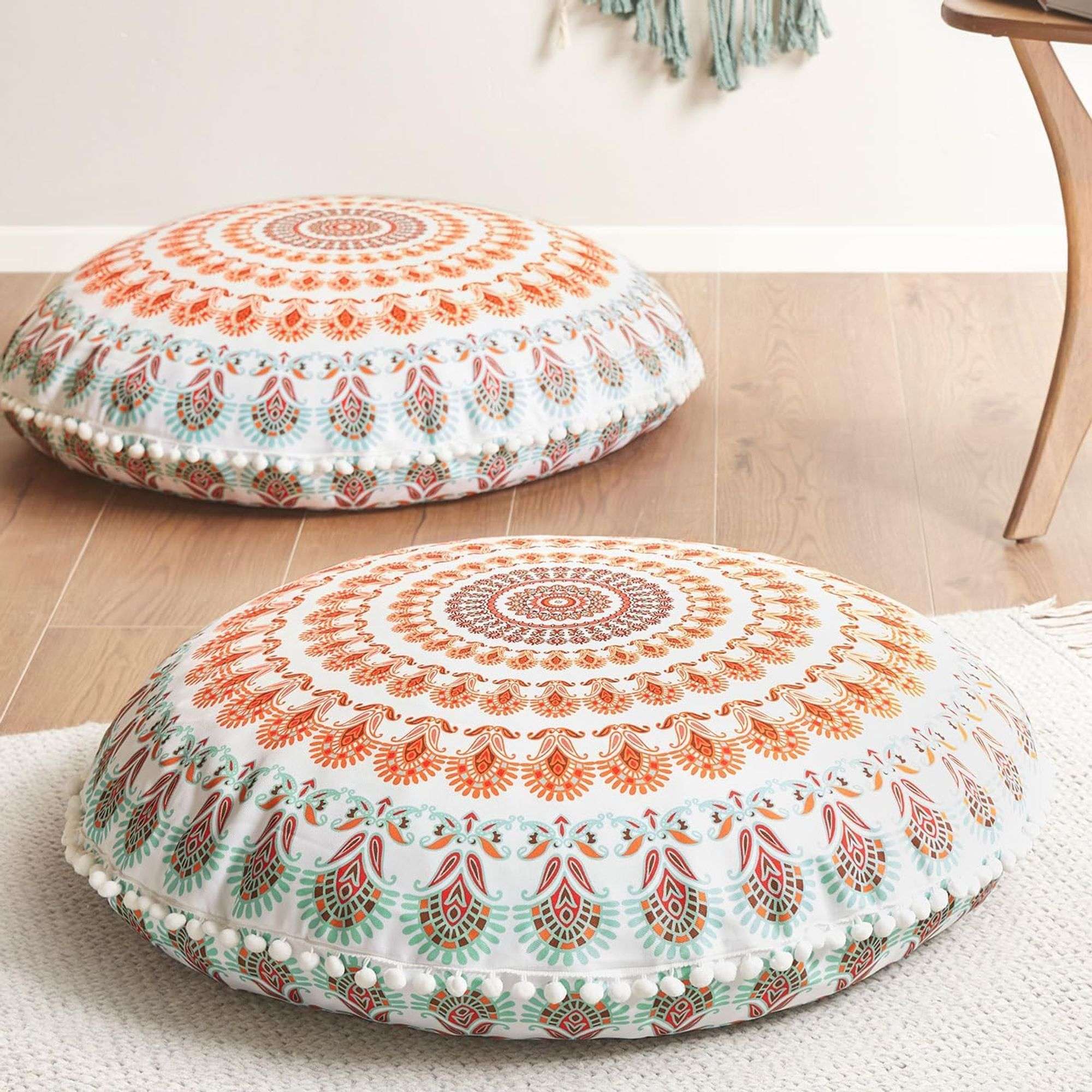 2 Fodere Per Cuscino Cilindrico Yoga – Polydupion Arancione Con Bordo Jacquard Mandala – Cuscino Bolster 76x38 Cm – Copertura Per Relax E Arredamento