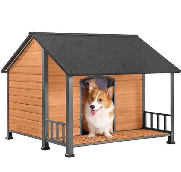 Aivituvin Weatherproof Dog House with Iron Frame, Extended Asphalt Roof, Spacious Balcony