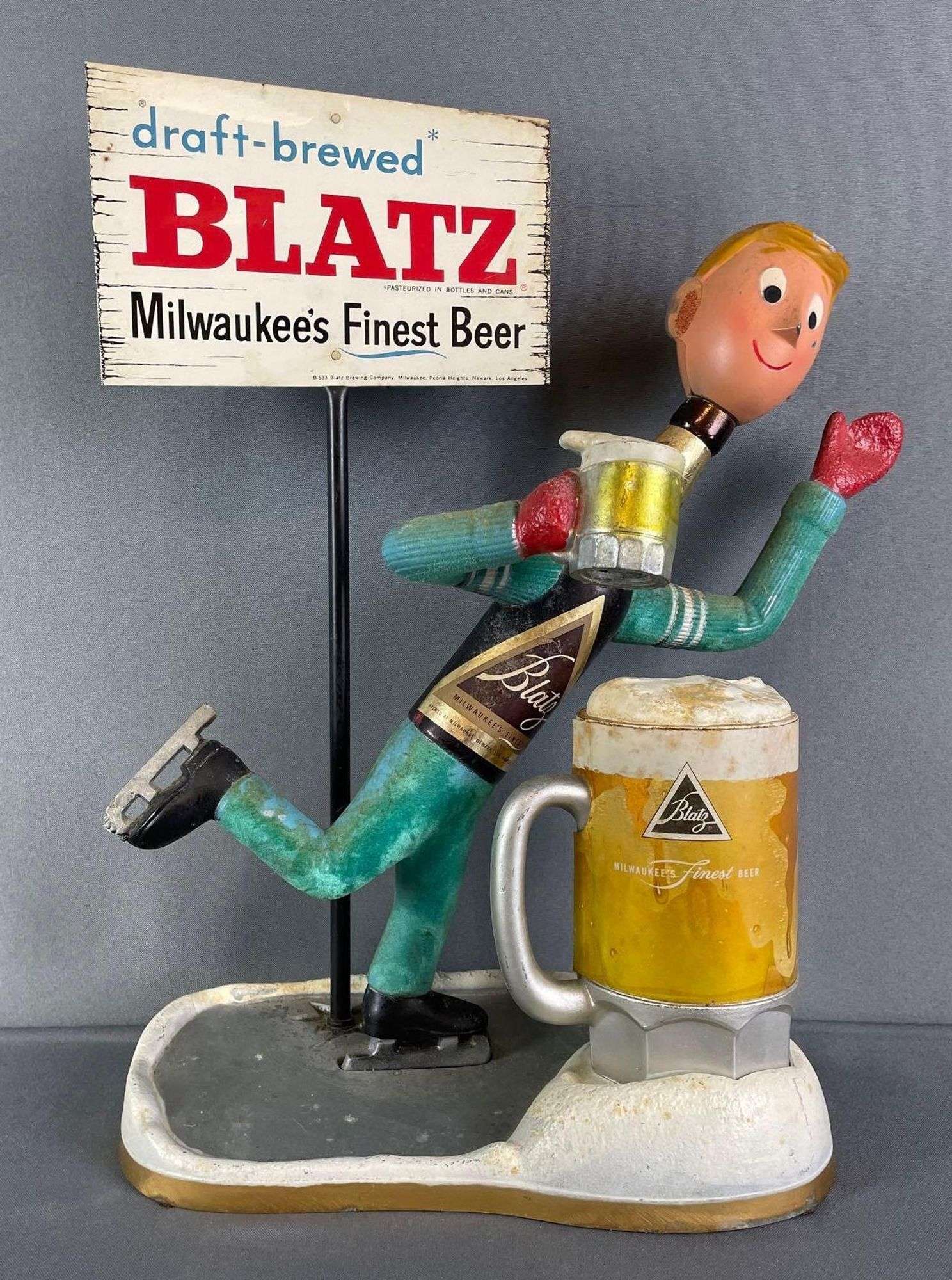 Vintage Blatz Beer Ice Skating Bottle Advertising Back Bar Statue