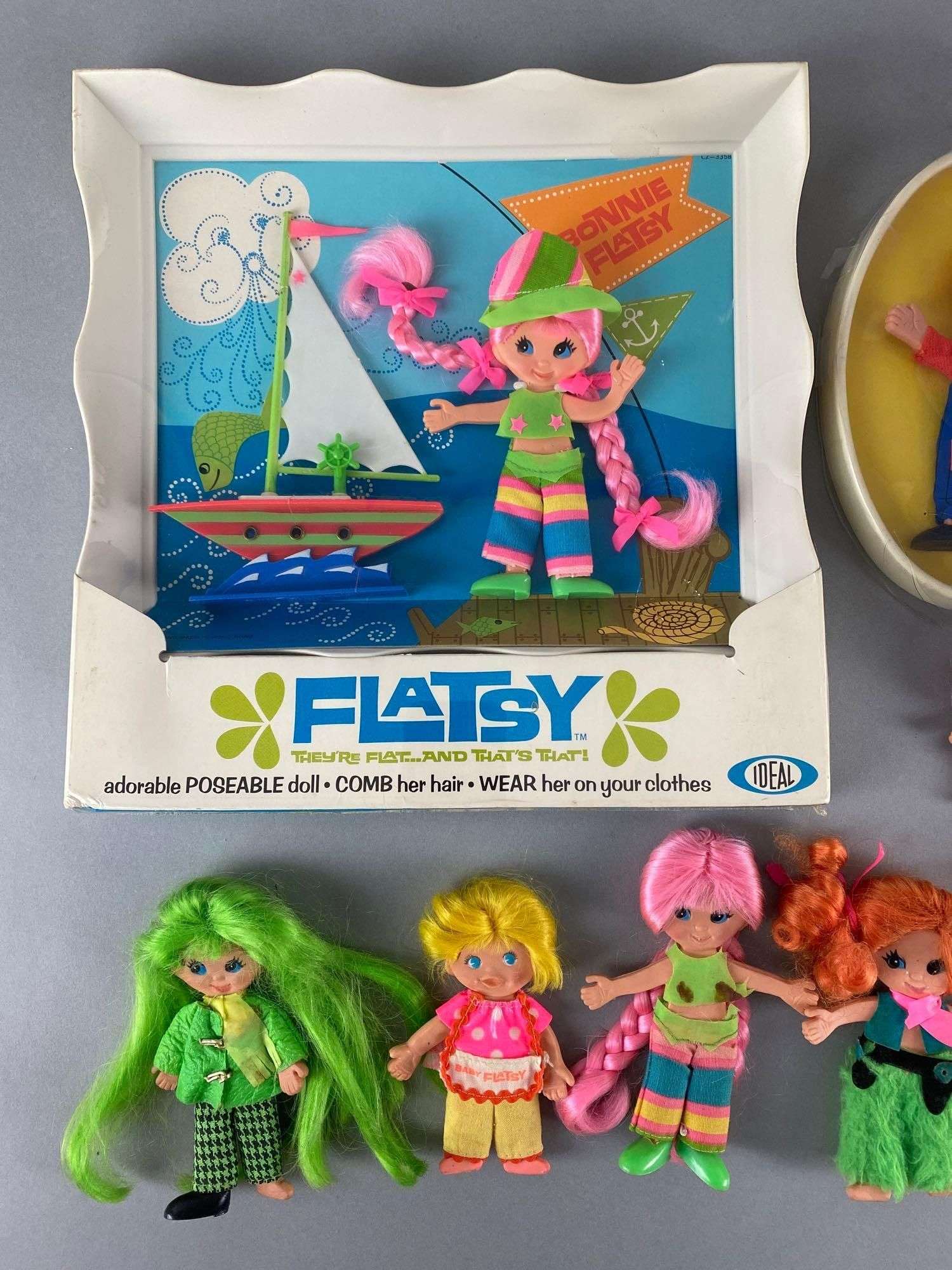 Group of 9 Ideal Toys Flatsy Dolls and Accessories - Matthew