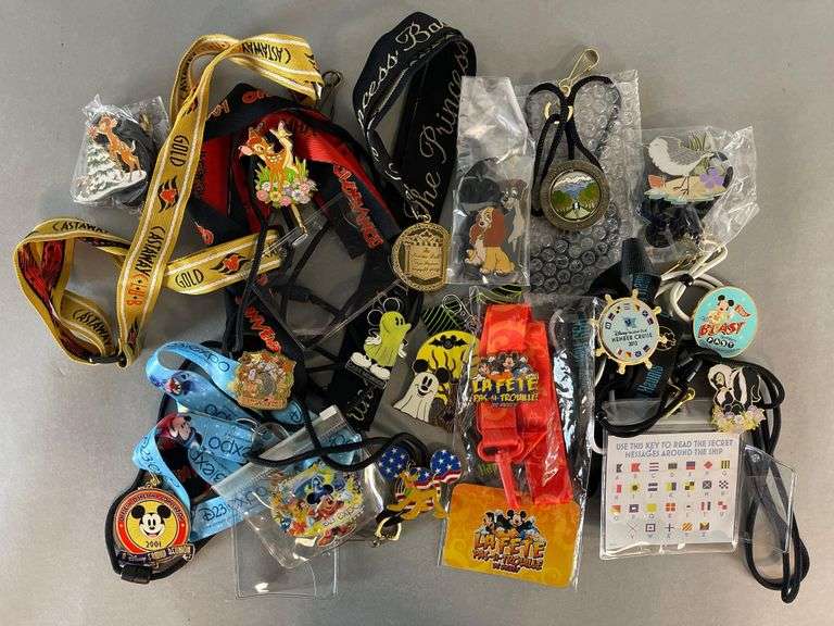 Group of Disney Enamel Pins and Lanyards