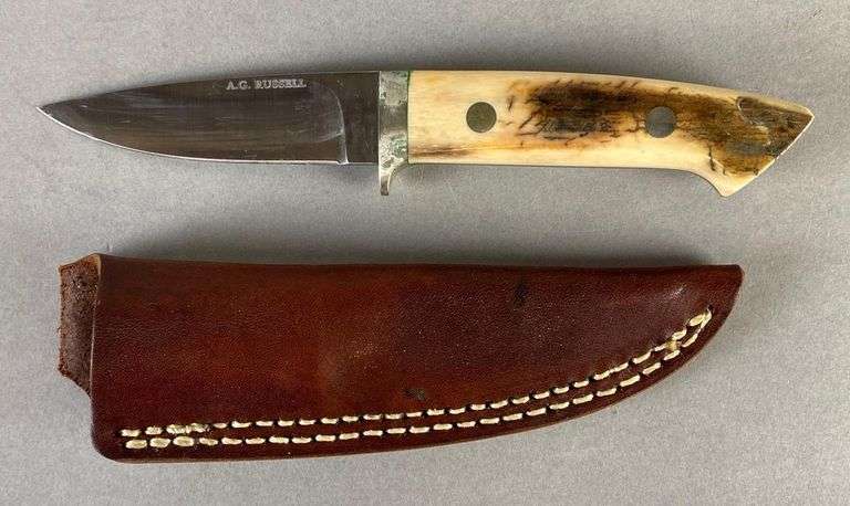 A.G. Russell Stag Handled Knife with Leather Sheath