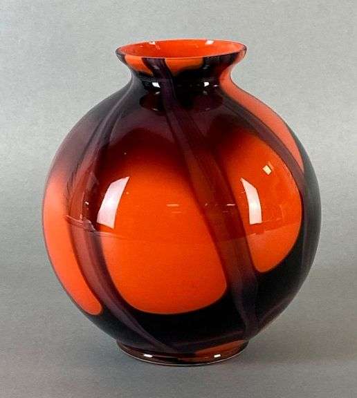 Kralik Czech Bohemian Tango Orange and Black Ball Vase