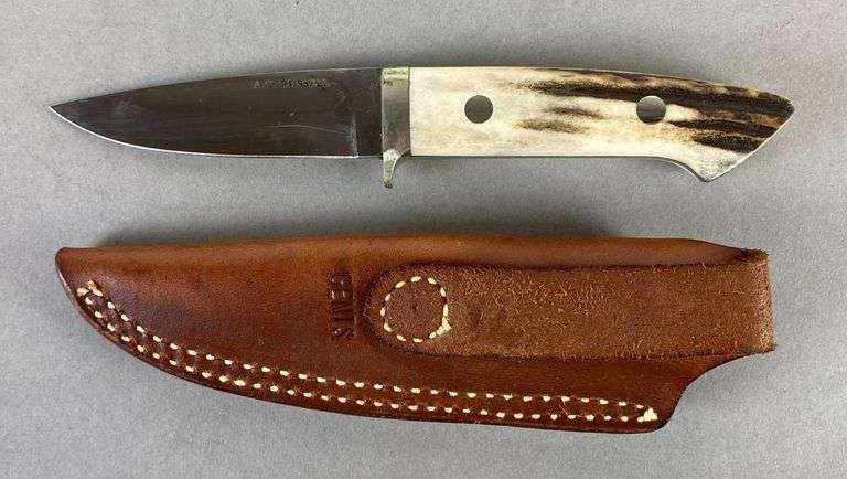 A.G. Russell Stag Handled Knife with Gents Leather Sheath