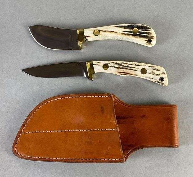 Set of James B. Lile Stag Handled Knives with Leather Sheath
