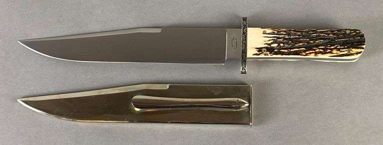 Buster Warenski Bowie Knife with Stag Handle and Engraved Metal Sheath