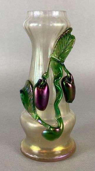 Kralik Iridescent Blown Art Glass Vase with Appliqued Fruit