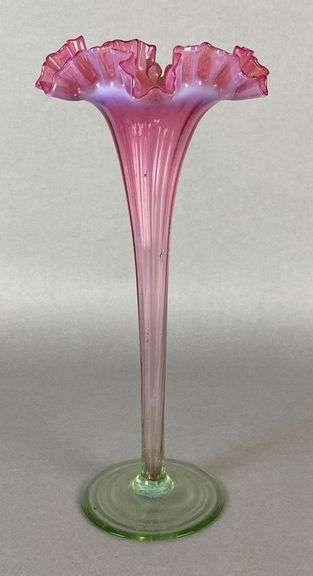 Stevens and Williams Rubina Verde Pink and Uranium Glass Trumpet Vase