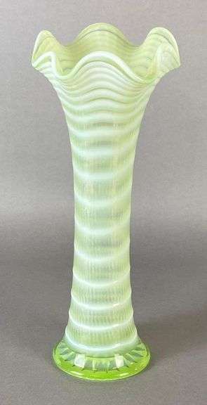 National Glass Striped Vaseline Glass Stretch Vase with Ruffle Rim