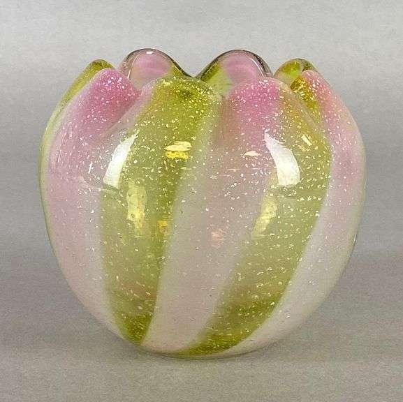 Harrach Yellow and Pink Spangled Mica Glass Rose Bowl
