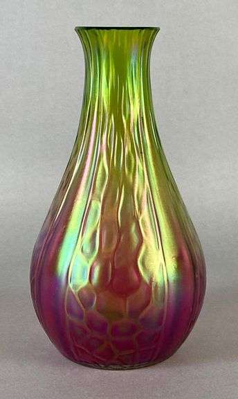 Kralik Honeycomb Paneled Green to Purple Iridescent Glass Vase
