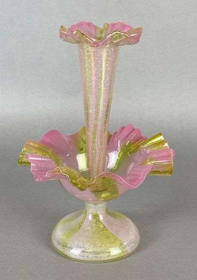 Harrach Yellow and Pink Spangled Mica Glass Epergne