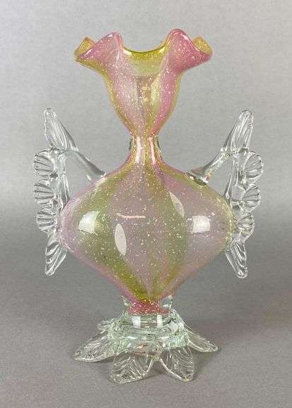 Bohemian Harrach Yellow and Pink Striped Vase with Mica Flecks