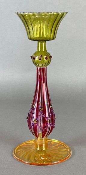 Murano Salvaretti Venetian Pink and Vaseline Glass Candlestick