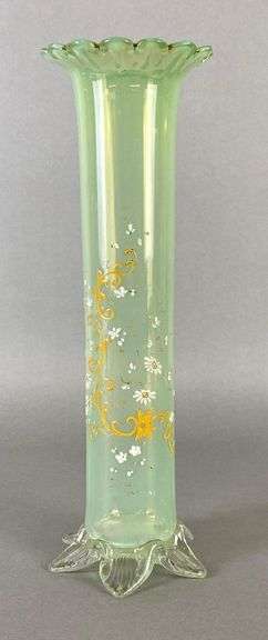 Harrach Floral Enameled Light Green Flared Glass Vase