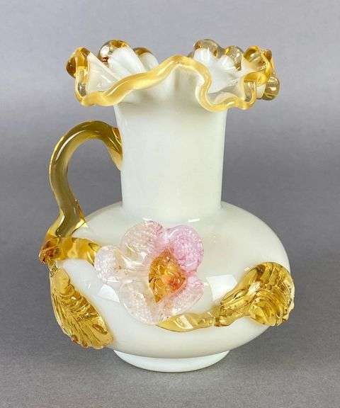 Stevens and Williams Custard Glass Vase with Applied Glass Florals