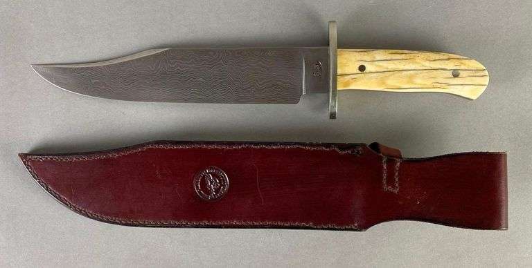 PJ Tomes Bone Handled Damascus Double Hilt Bowie Knife with Leather Sheath