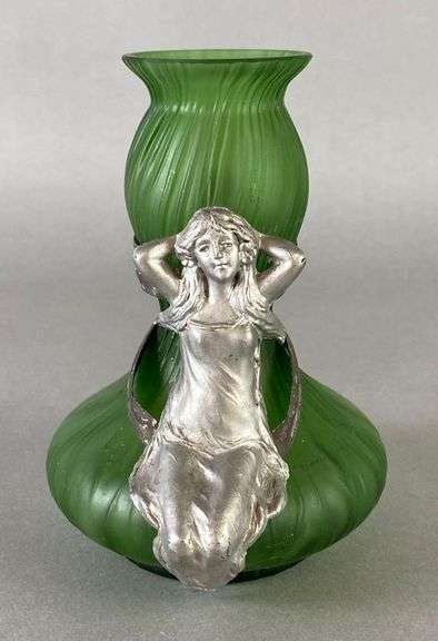Loetz Green Pulled Glass Bud Vase With Figural Woman Metal Overlay