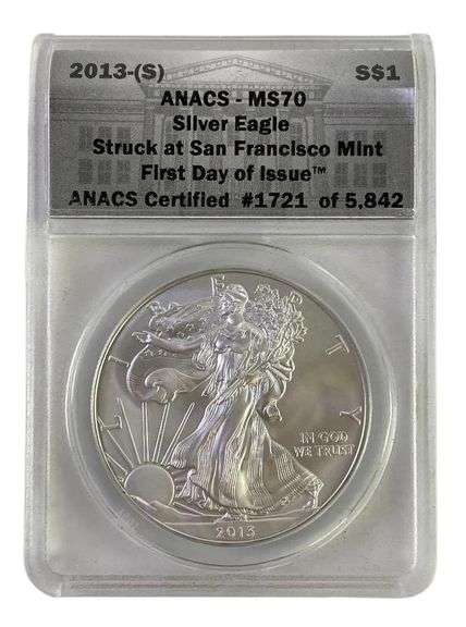 2013-S ANACS Graded MS 70 American Silver Eagle 1 oz. Fine Silver Dollar Struck at San Francisco Min