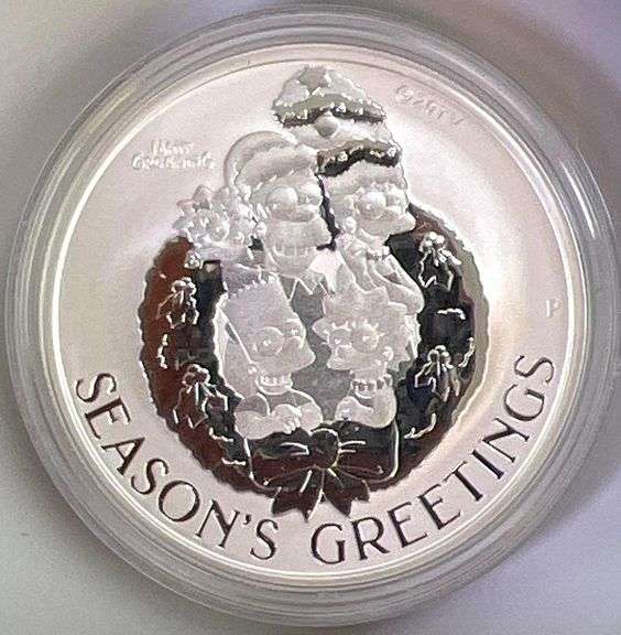 2022 Tuvalu Simpson Family Season Greetings 1 oz .9999 Fine Silver Round Proof Like  in Cap