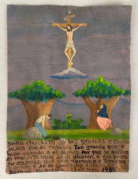 1968 Ex-Voto Dona Chuchita Crucifixion  Retablo Painting on Tin