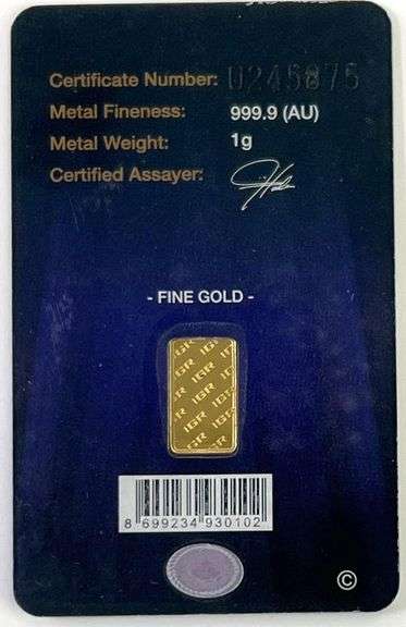 IGR 1 Gram .9999 Fine Gold Bar Carded Assay