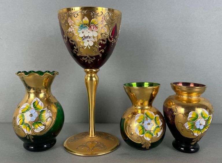 Group of Hand Painted Bohemian Glass Bud Vases and More