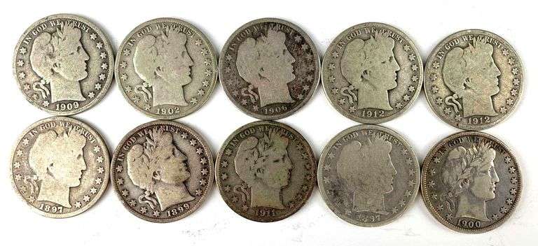 Group of 10 Barber Silver Half Dollars