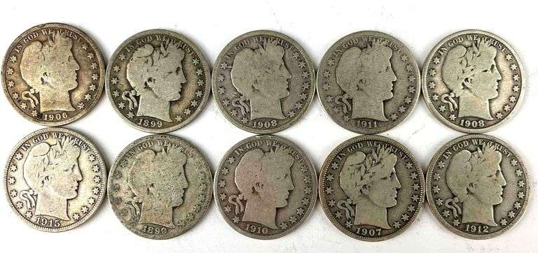 Group of 10 Barber Silver Half Dollars