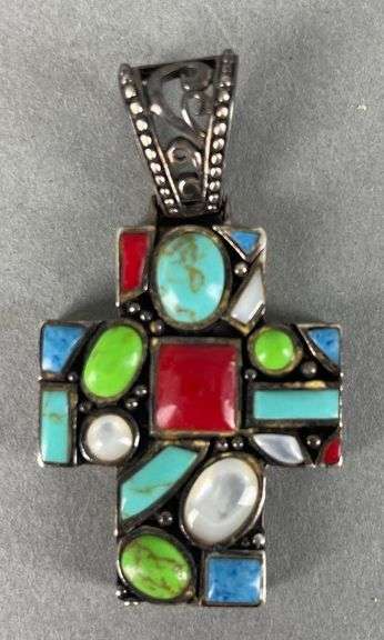 Sterling Silver Mosaic Gemstone Cross Pendant