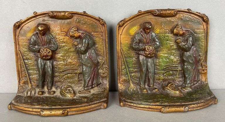 Pair of Antique The Angelus Painted Cast Iron Bookends