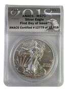 2018 ANACS Graded MS 70 American Silver Eagle 1 oz. Fine Silver Dollar