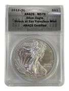 2012-S ANACS Graded MS 70 American Silver Eagle 1 oz. Fine Silver Dollar Struck at San Francisco Min