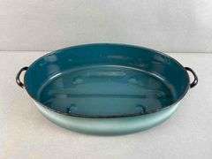 Crow Canyon Enamelware Large Open Roaster - 13.5x10.75 Inch Vintage White/Blue