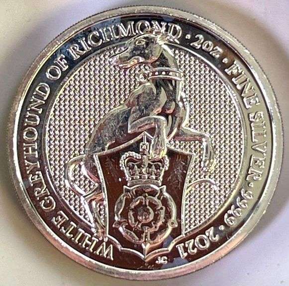 2021 Queen's Beast White Greyhound of Richmond  2 oz .9999 Fine High Relief Silver Coin