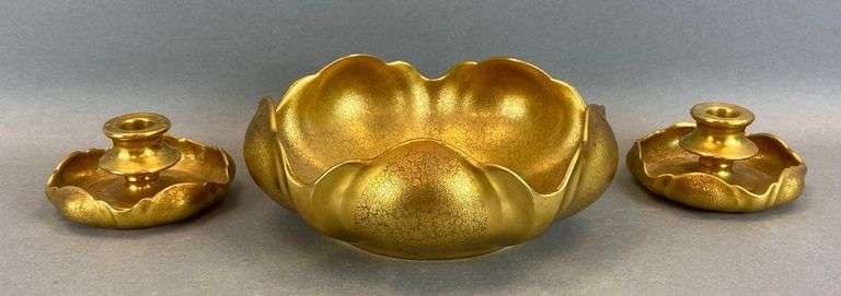 Group of 3 Signed Gold Floral Pottery - Matthew Bullock Auctioneers