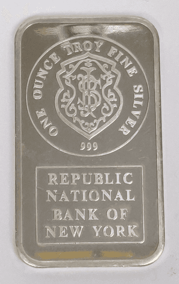 RARE HTF Johnson Matthey Republic National Bank of New York 1 oz .999 Fine Silver Bar