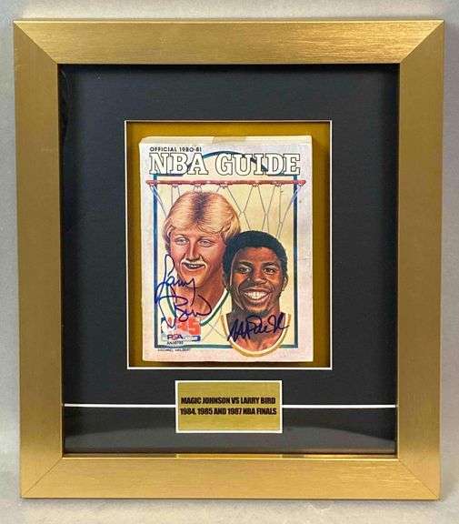 Framed Larry Bird and Magic Johnson Signed 1980 - 81 NBA Guide with PSA COA