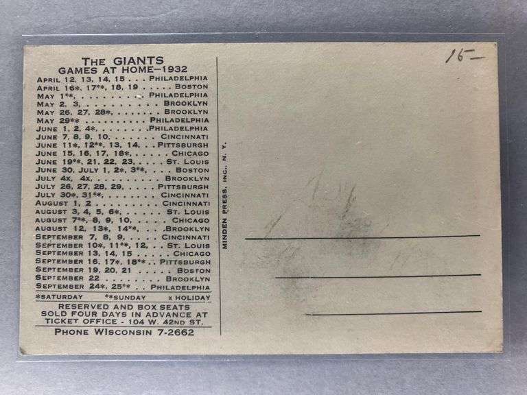 1932 Carl Hubbell New York Giants Schedule Postcard