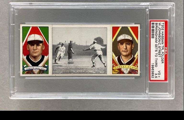 T202 Hassan Triple Folder Walter Johnson, Charles Street, and Birmingham Gets To Third PSA 3.5