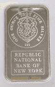 RARE HTF Johnson Matthey Republic National Bank of New York 1 oz .999 Fine Silver Bar