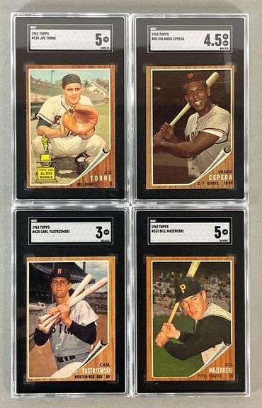 1962 Topps Carl Yastrzemski, Torre, Cepeda, and Mazeroski, Graded Cards