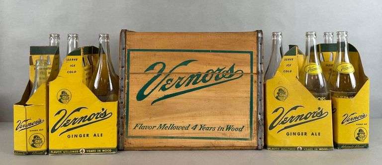 Vintage Vernors Ginger Ale Wood Advertising Crate and Bottles