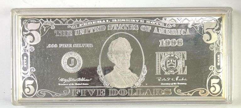 Abraham Lincoln 5 Dollar Bill 4 oz .999 Fine Silver in Case - Matthew ...