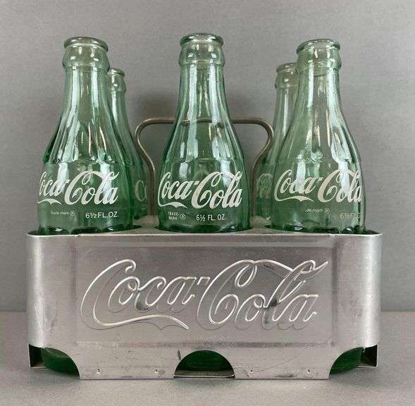 Vintage Cola-Cola Aluminum Advertising Six Pack Holder with Glass Bottles