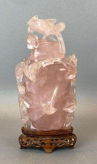 Chinese Bird Motif Rose Quartz Carved Urn