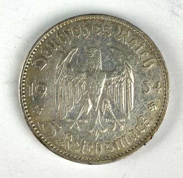 1934 WW2 German Potsdam Garrison Church 5 Reichsmark 90% Silver Coin